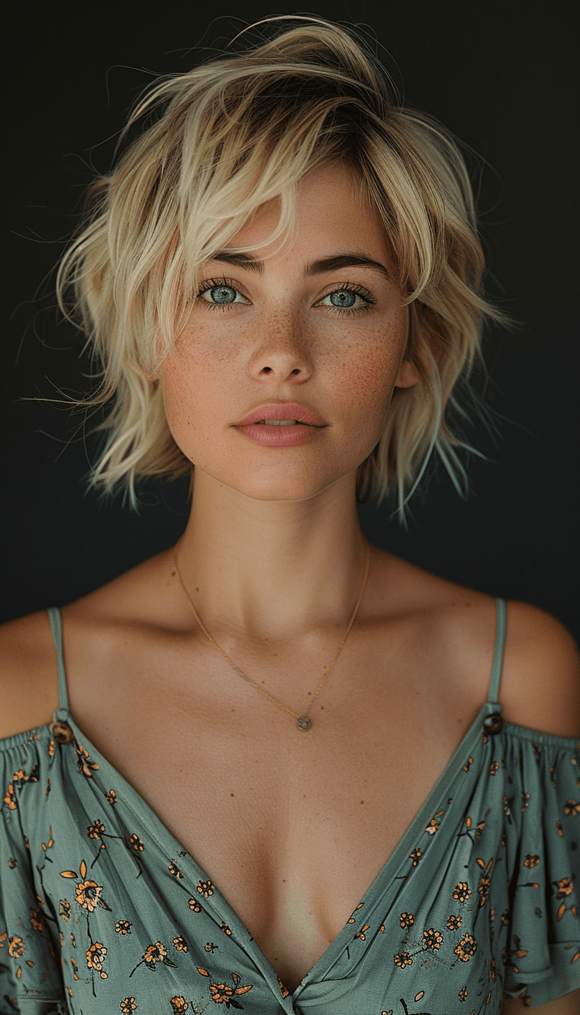 AI generated: photo of an attractive blonde woman with short hair, looking at the camera, portrait photography, in...