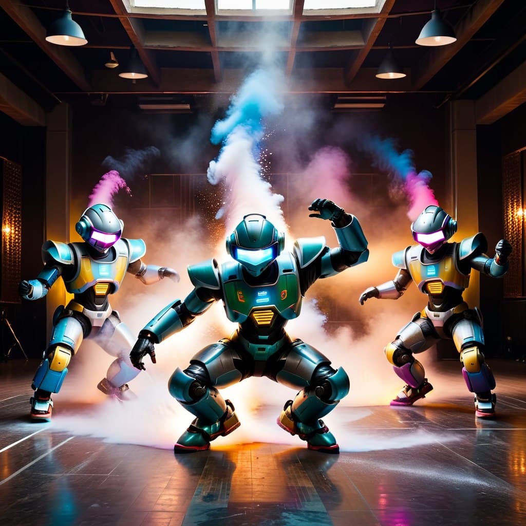 AI generated: epic realistic, three colorfull robots dancing breakdance, breakdance battle, acrobatics, colorfull ...