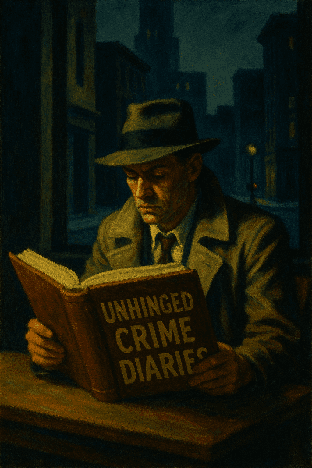 AI generated: Male detective in a trench coat, set against a noir city backdrop at night, in the style of Edward H...