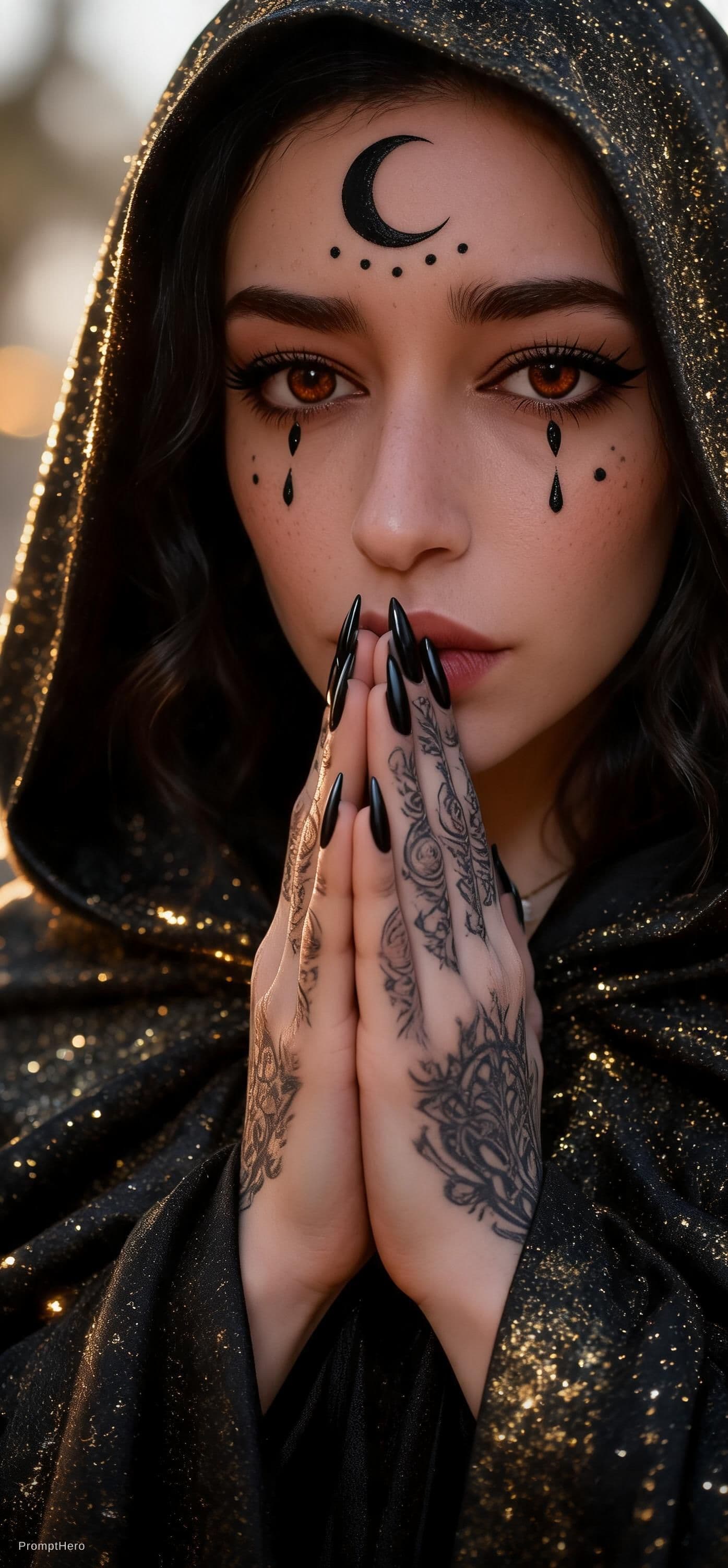 AI generated: "A highly detailed, photorealistic portrait of a mysterious woman with intense glowing amber-orange ...