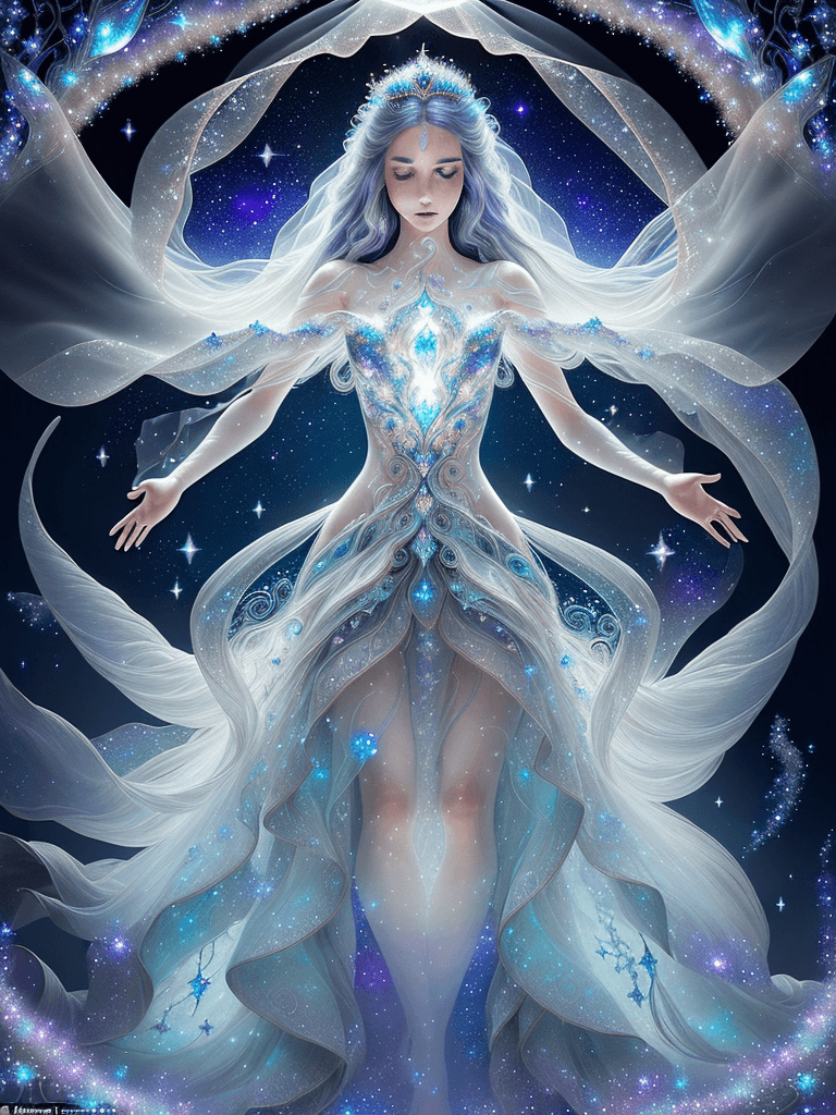 AI generated: A stunningly detailed full body ((double exposure)) of a ethereal princess made from (glass), with g...