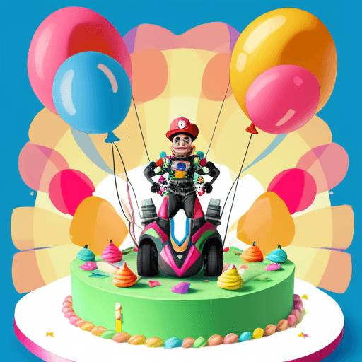 AI generated: Developer, in the style of marioland, happily taking off a birthday cake thanks to his colorful arti...