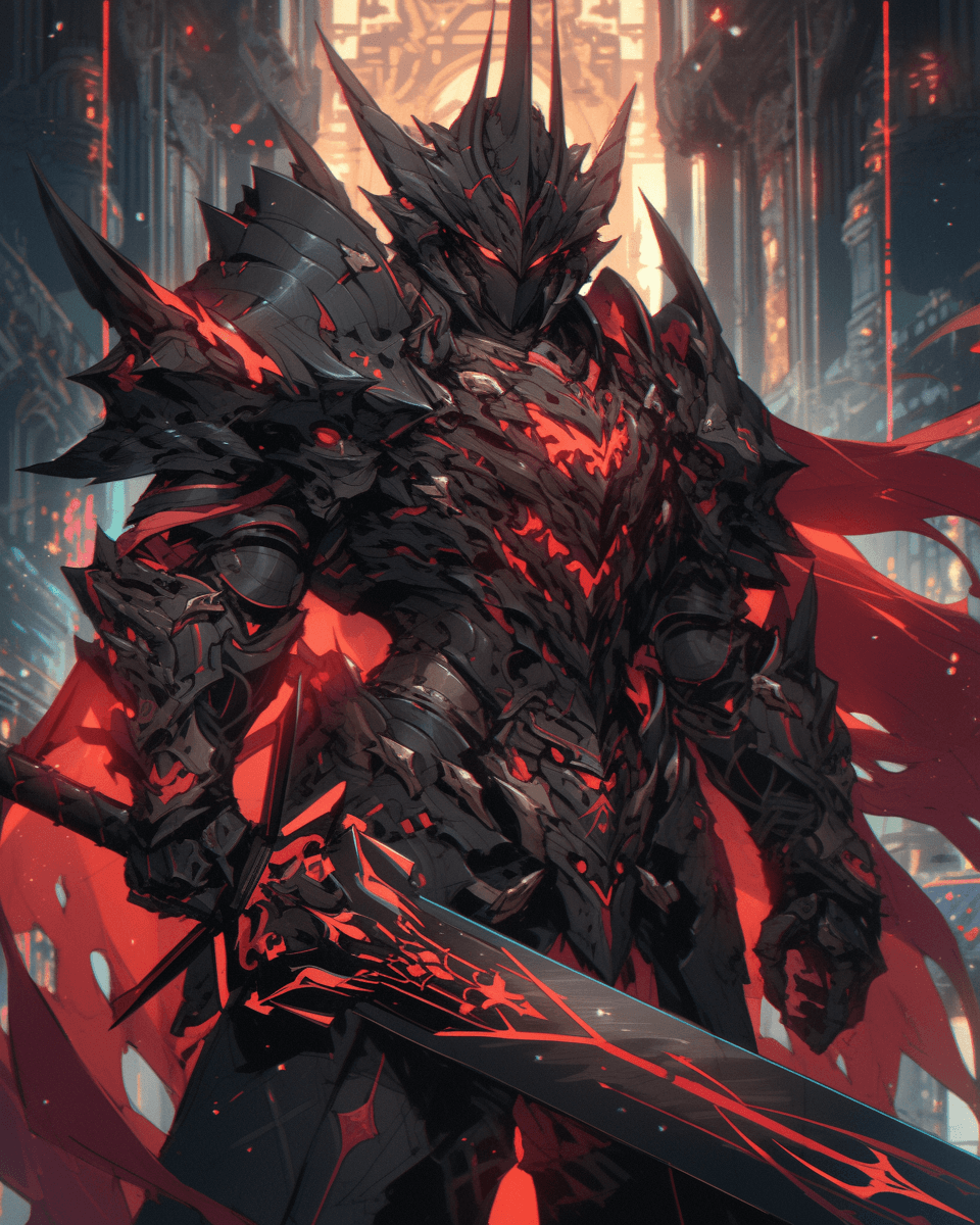 AI generated: a knight in black with red swords, in the style of sci-fi anime, intricate details, elaborate detail...
