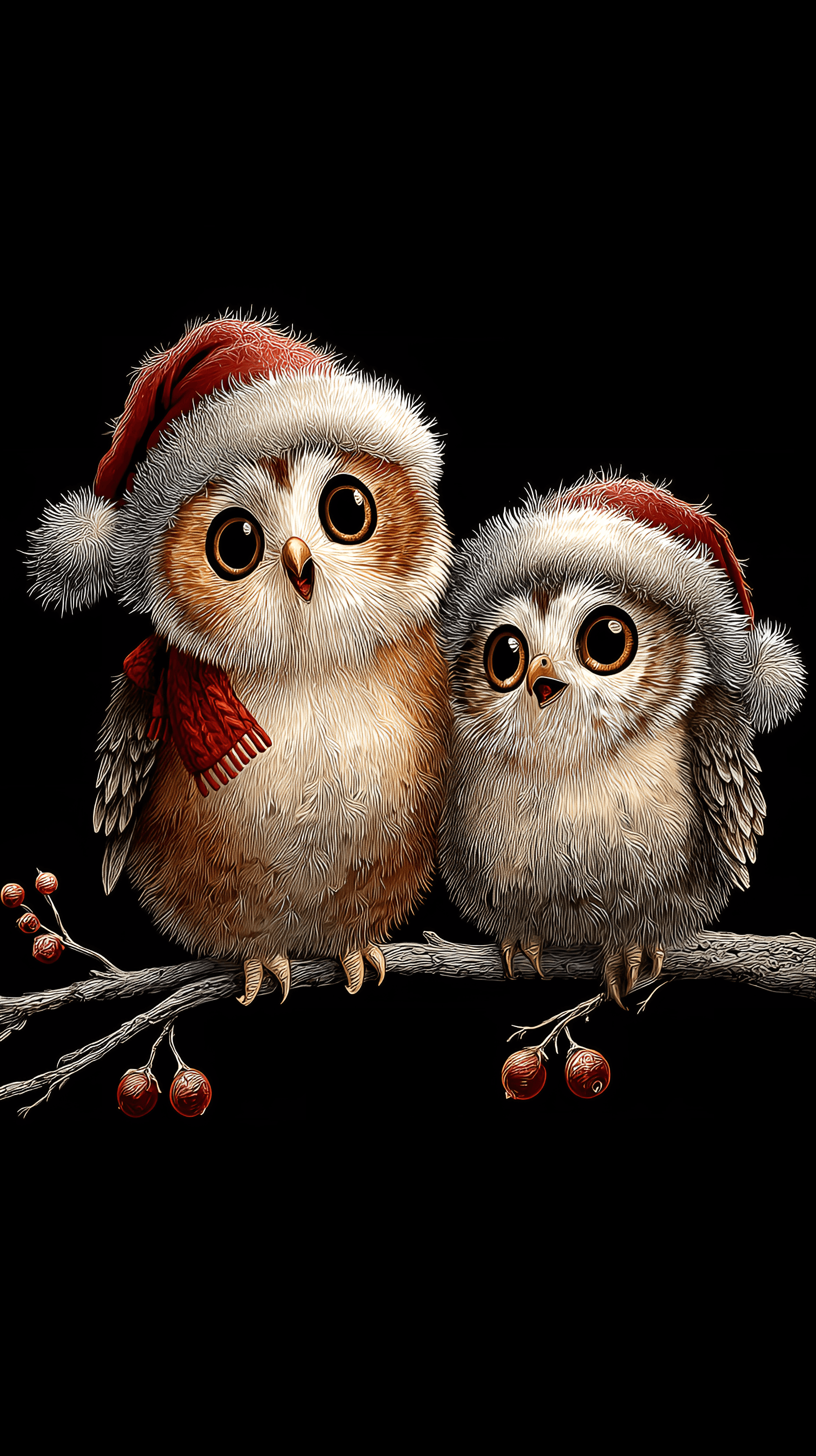 AI generated: Two adorable cartoon owls perched on a thin, grey, textured branch against a stark black background....