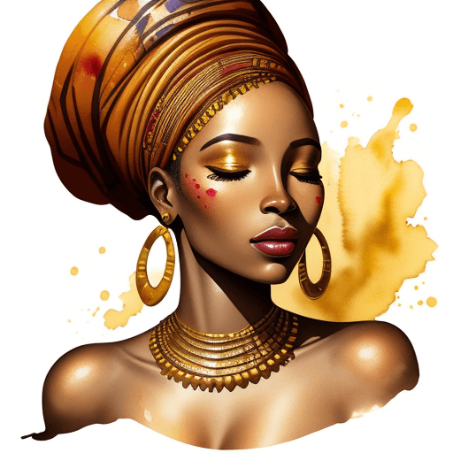 AI generated: watercolor painting, Portrait of an african woman with closed eyes and beautiful golden makeup, ink ...