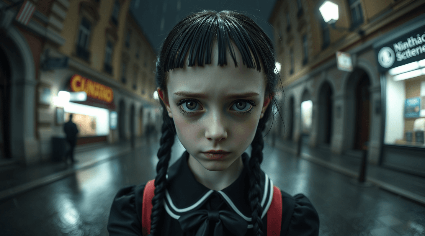 AI generated: go-pro photograph of Wednesday Addams cosplayed by a cute girl, Tim Burton's style, a cute goth char...