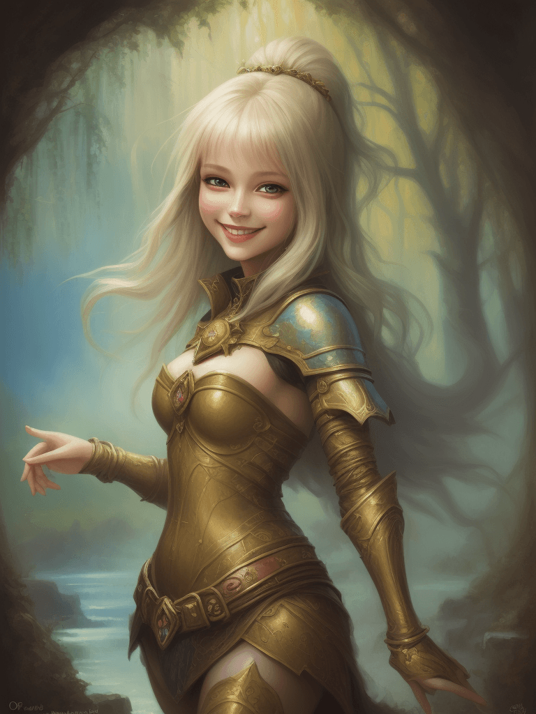 AI generated: A beautiful girl smile in an extreme fantasy world. Oil painting image