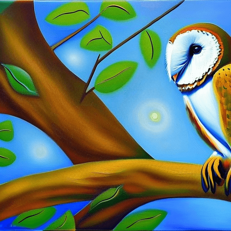 AI generated: Ralistic, ((Masterpiece, best quality)), cute barn owl perching on branch in dream park, Picasso oil...