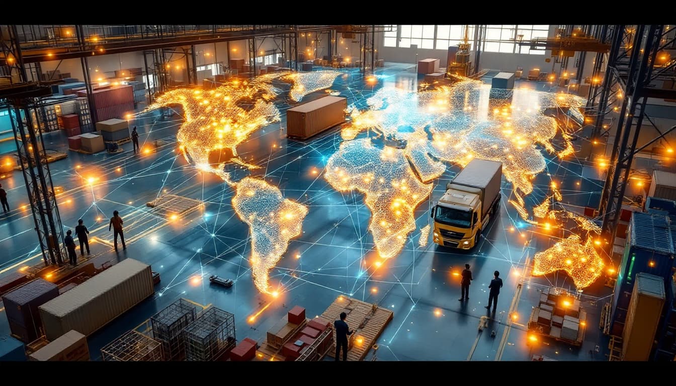AI generated: /imagine prompt: AI-optimized global logistics hub, autonomous vehicles moving containers with milli...
