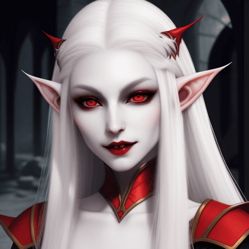 AI generated: Altmer elf woman, white long hair, pale skin, vampire fangs, beautiful, pointy short ears, red eyes,...