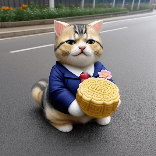 AI generated: a super fat small cat with school uniform and see a big mooncake on the road create by many small fl...