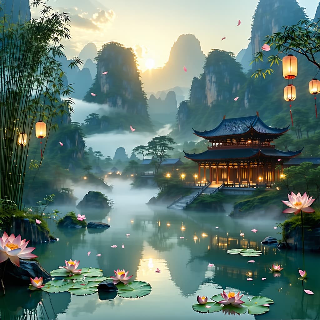 AI generated: Ancient Chinese landscape with golden sunlight filtering through mountain mist; bamboo forest swayin...