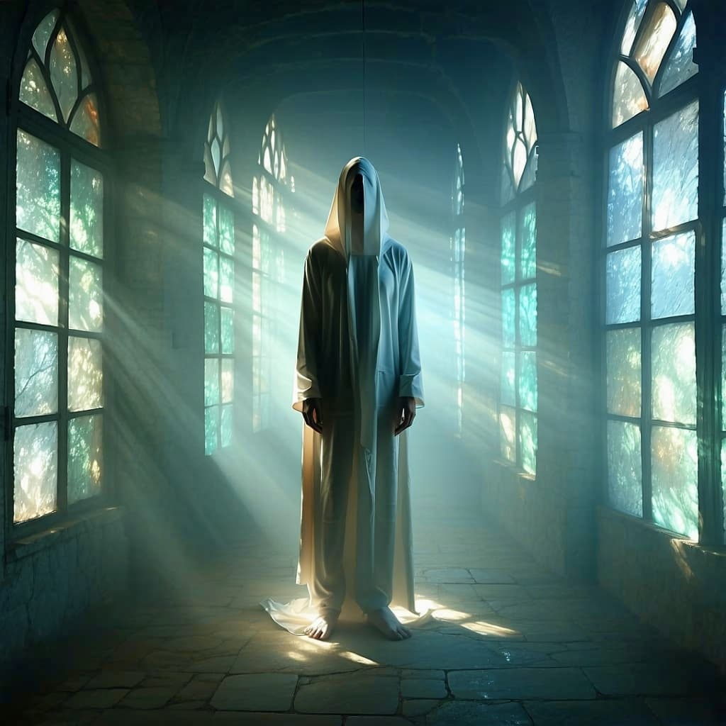 AI generated: A figure made of light and unbroken possibilities. They stand in a room made of decisions you didn’t...
