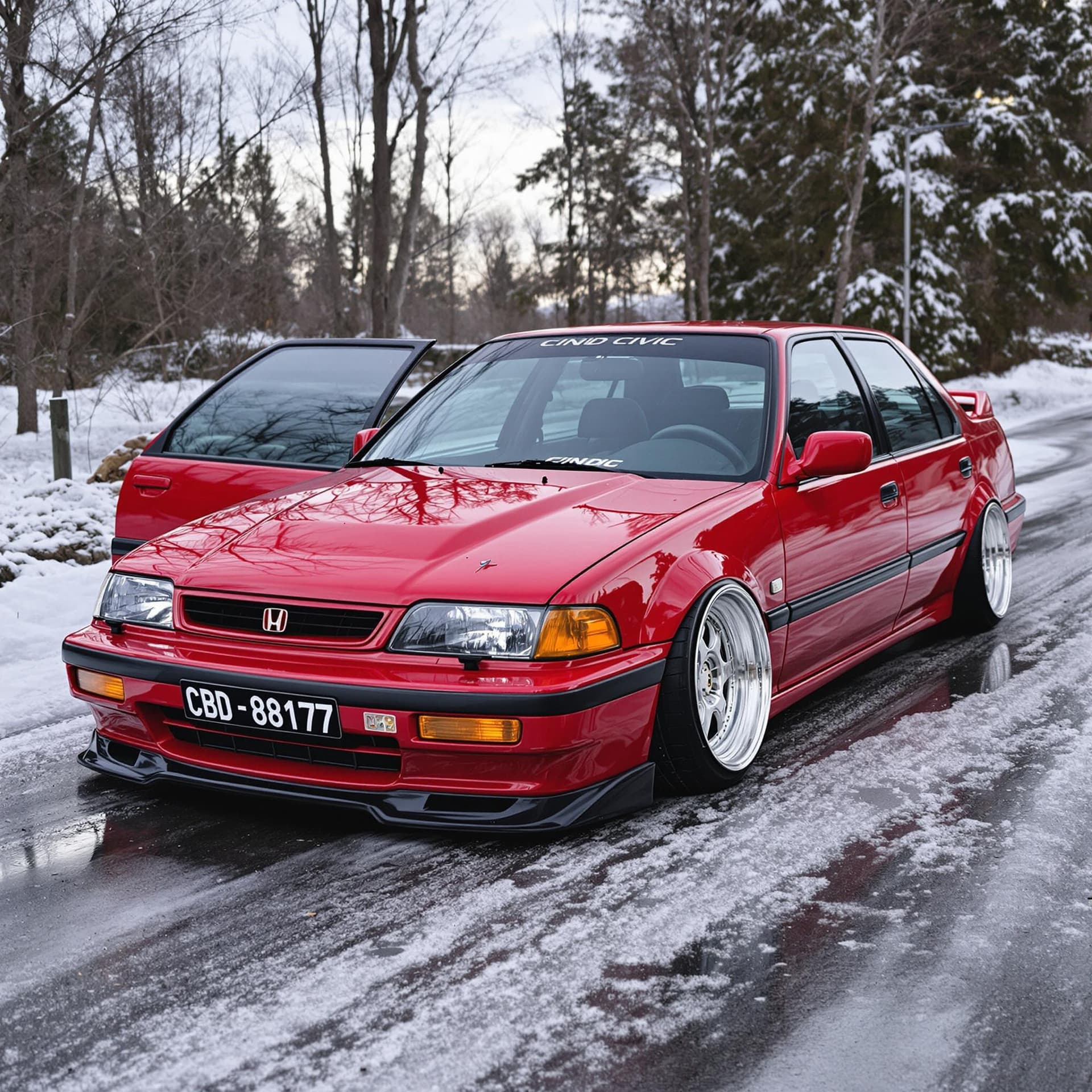 AI generated: year 1988 stanced red honda civic limousine parked on a icy road