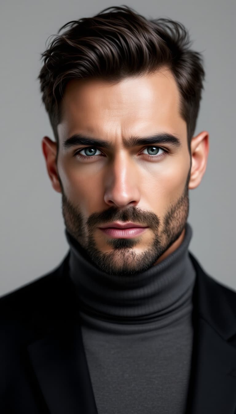 AI generated: professional male portrait, charcoal grey turtleneck, black blazer, minimalist aesthetic, serious ex...
