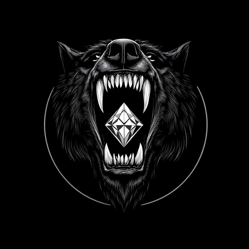 AI generated: Create an Emblem of the 14 High Fashion Dominarcs (Beauty & Presence). Emblem: A wolf’s jaw enclosin...