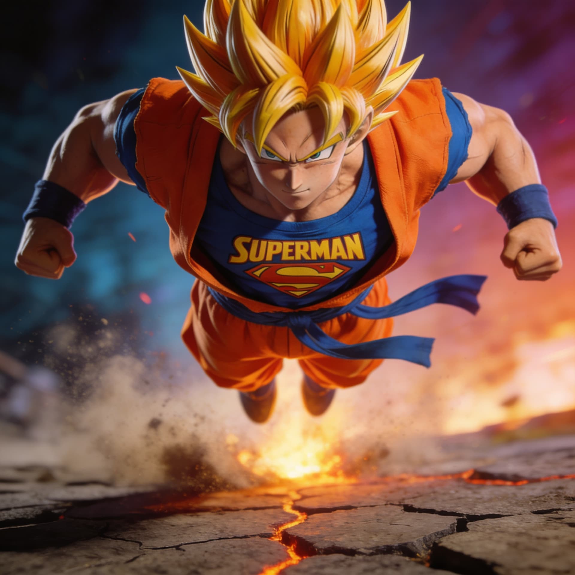 AI generated: 3d  illustration full body pov of super saiyan ultra instinct Goku from dragon ball z flying forward...