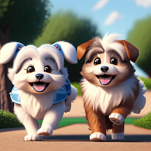 AI generated: Create a movie poster for Lumi and Tuisku, two cute Coton de Tulear dogs running happily, Disney Pix...