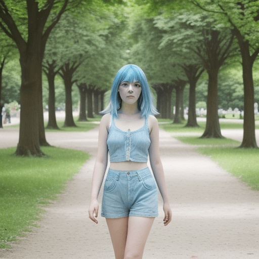 AI generated:  summer days, a blue hair girl, 30 years old, walk in a park in front of camera 