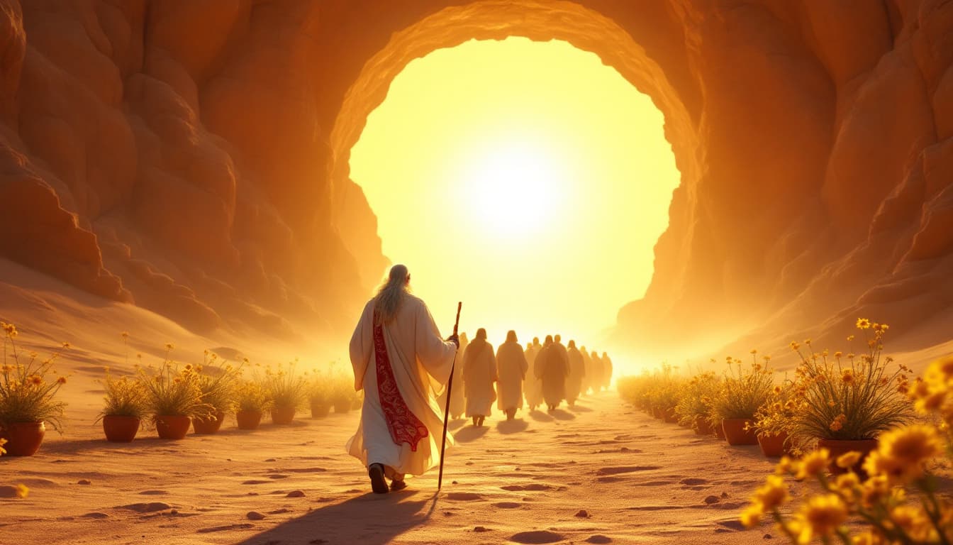 AI generated: hyper realistic shot:The Old Sage leads a group of pilgrims toward a golden dawn, his staff tapping ...
