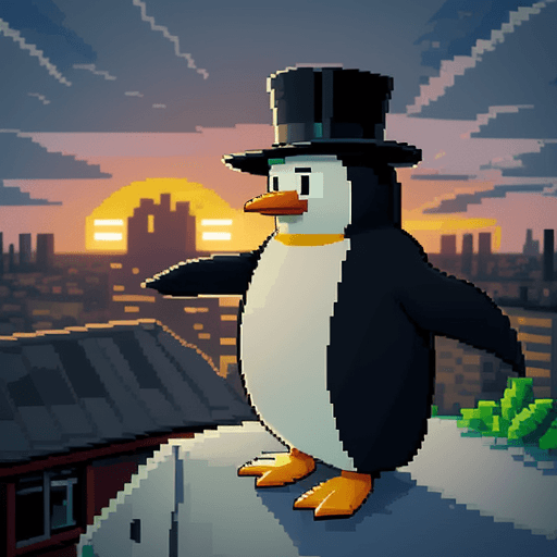AI generated: Photo of a cartoon-like penguin with a top hat that is on the roof of a building abandoned with vege...