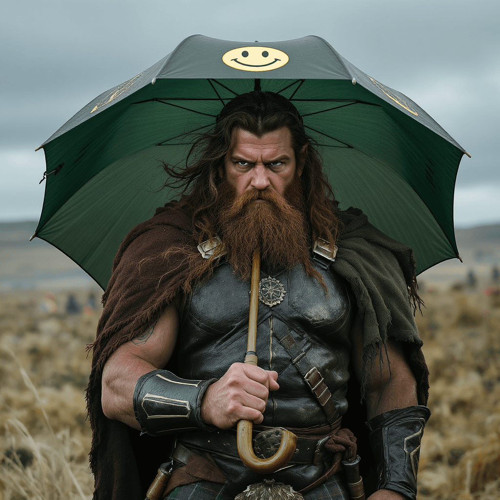 AI generated: In akin to "Braveheart", portrait of a bearded man with a tough exterior, holding a dark green umbre...