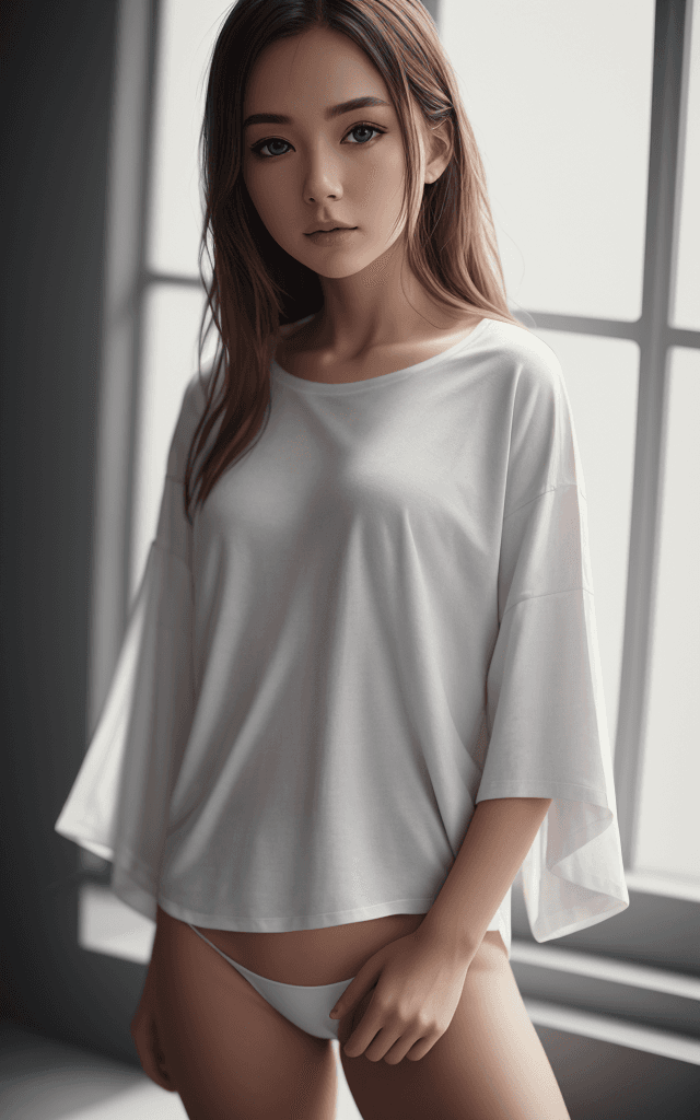 AI generated: white long t-shirt, no pants,(detailed skin: 0.50), (((masterpiece))) high res, 8k, very detailed cl...