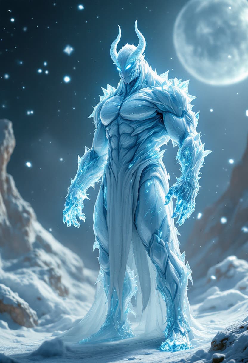 AI generated: God of the Ice, full-body, No Hair or mouth, Etherial, muscular, Glowing Light Blue eyes, epic, cine...