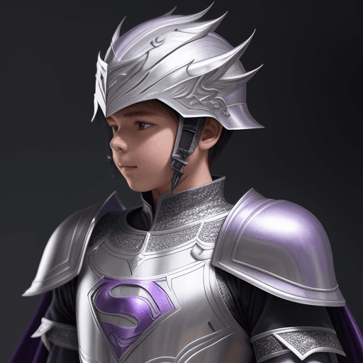 AI generated: a boy wearing silver brushed armor and helmet, with inner cloth made from purple silk, high details,...