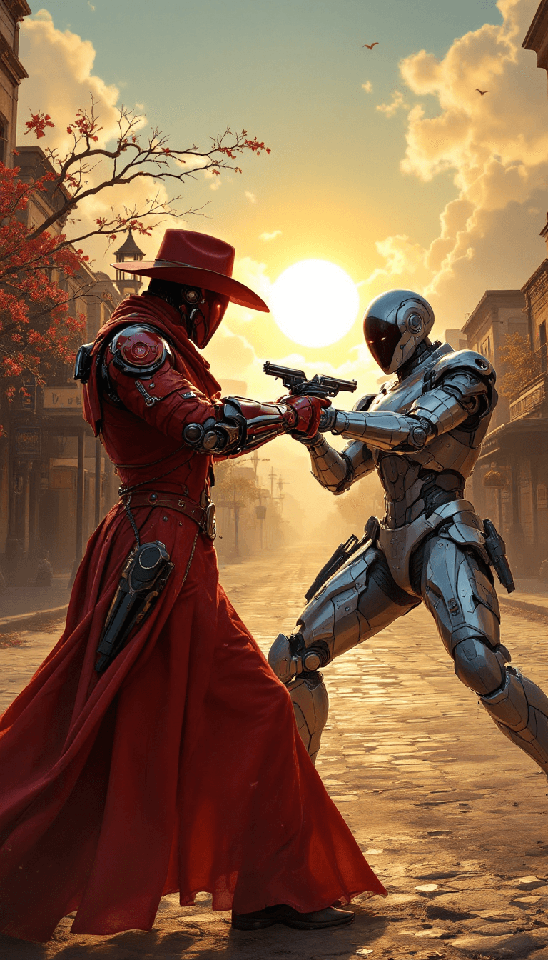 AI generated: A duel at high noon in the 'Cybernetic Wild West', with combatants using laser-sighted six-shooters ...