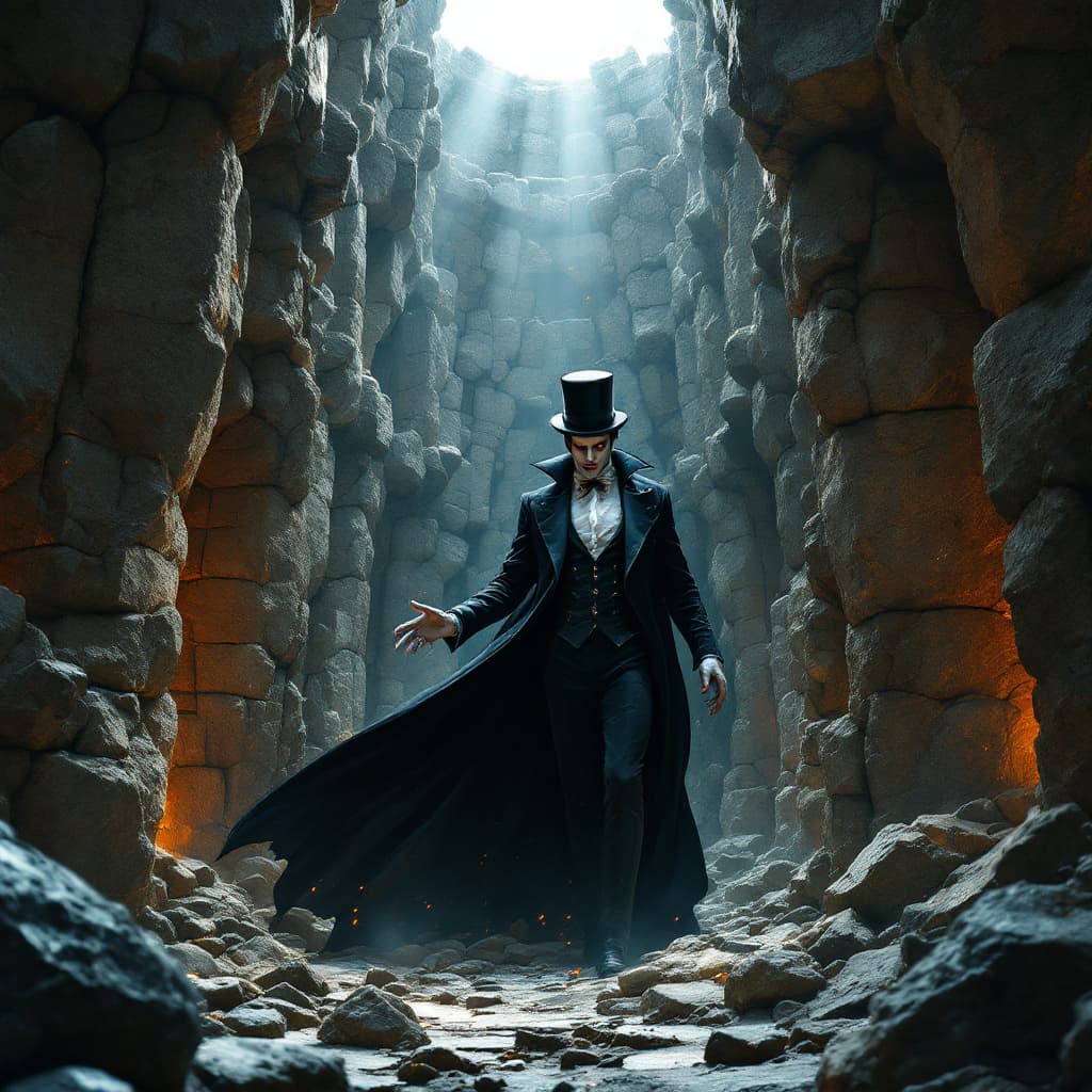 AI generated: In the heart of a ruined city, the vampire with a dark velvet suit and top hat stands trapped within...