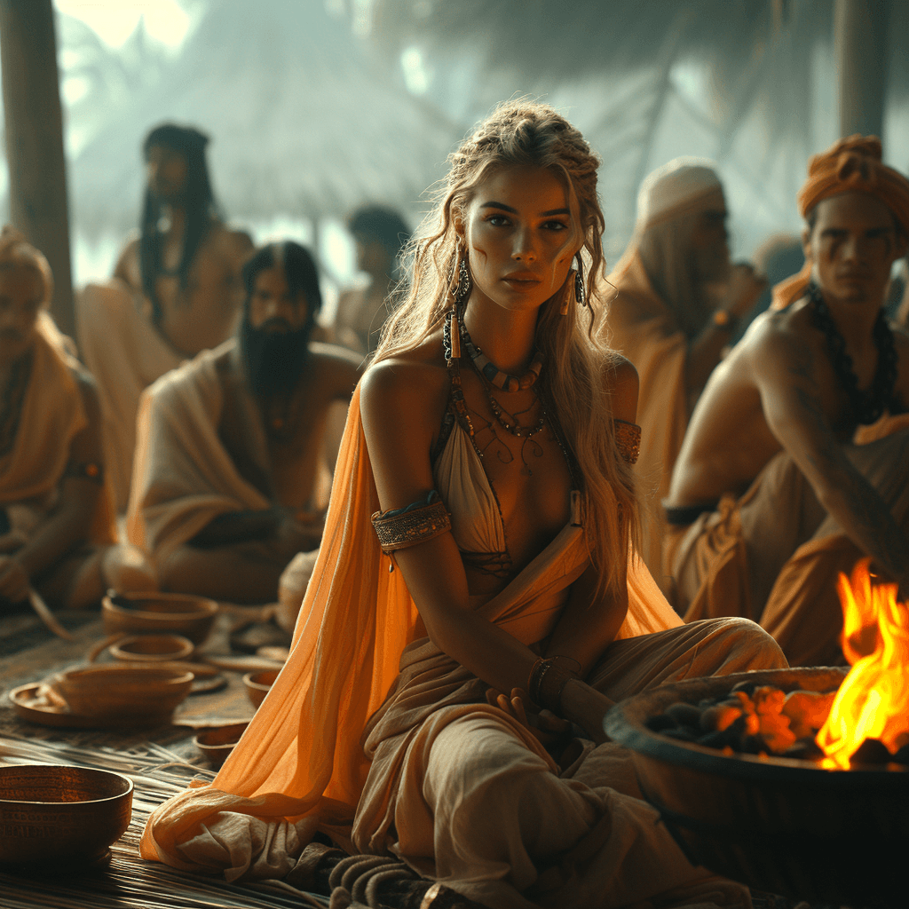 AI generated: beautiful nordic viking princess, she have viking warriors men with viking face painting, there is a...