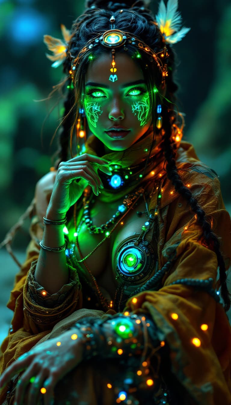 AI generated: An ultra-realistic, full-body portrait of a captivating techno-shaman woman, her pose both grounded ...