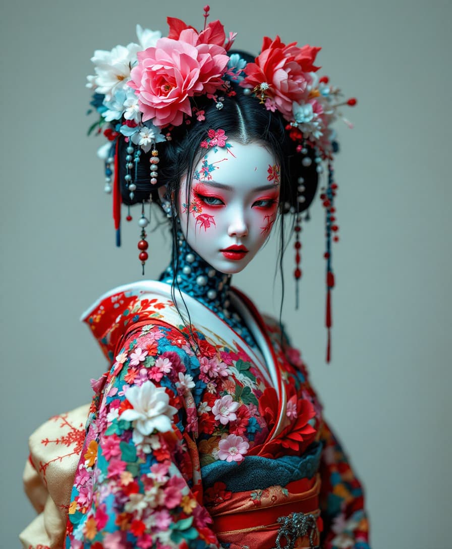AI generated: Cyberpunk humanoid robot geisha, flower kimono, very colorful, depressed look, hypermaximalist, eleg...
