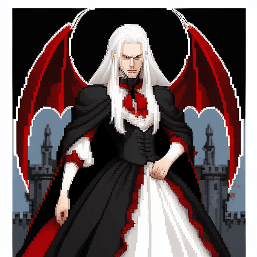 AI generated: pixel art,a illustration of vampire king ,white hair, long velvet cloaks in black or red, or a leath...