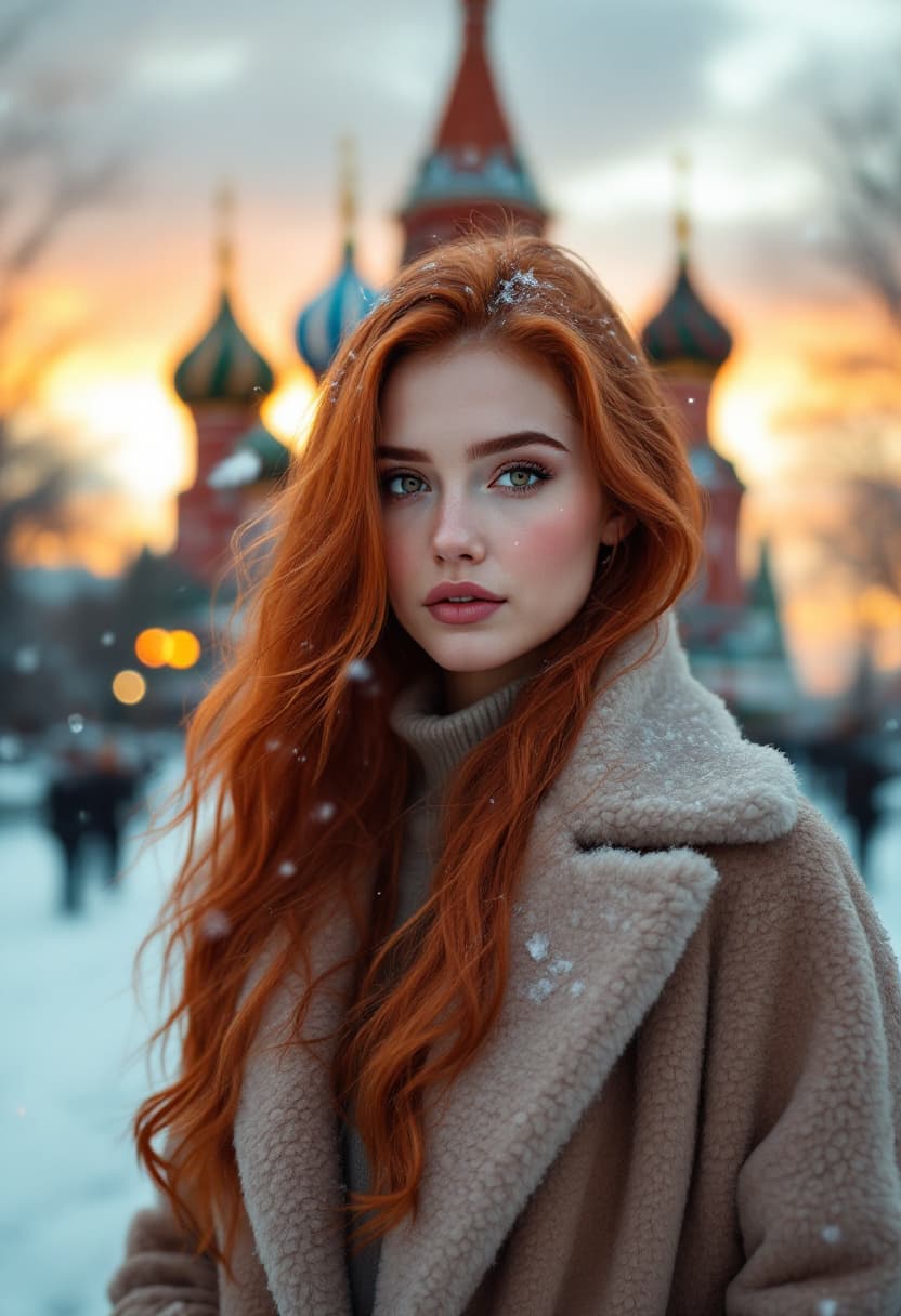 AI generated: "The 21-year-old woman stands amidst a flurry of delicate snowflakes, her long, fiery red hair casca...