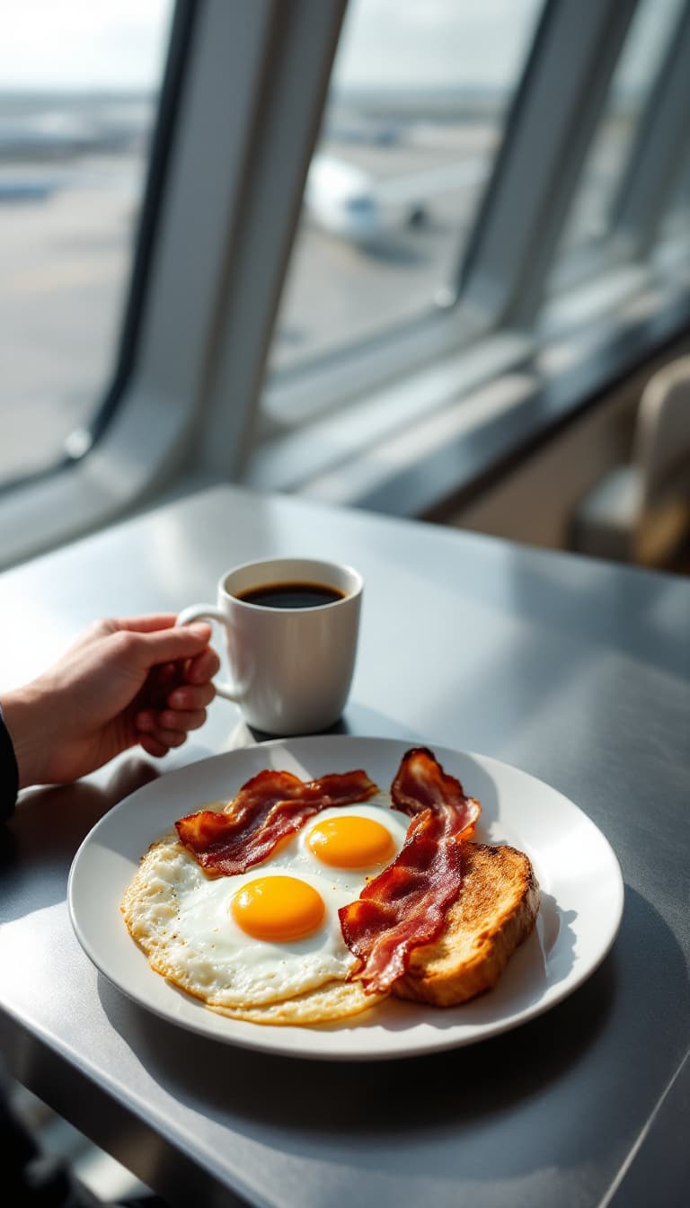 AI generated: First-person view, sleek metal table with a white plate holding a hearty breakfast of sunny-side-up ...