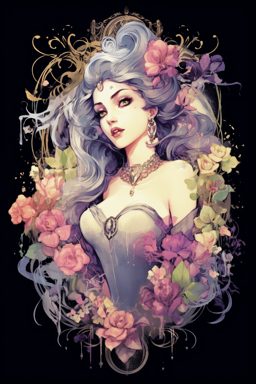AI generated: T Shirt Design, Watercolor Vector, Disney Princess Clipart, Symbol inspired by Bleach, Soft color sc...