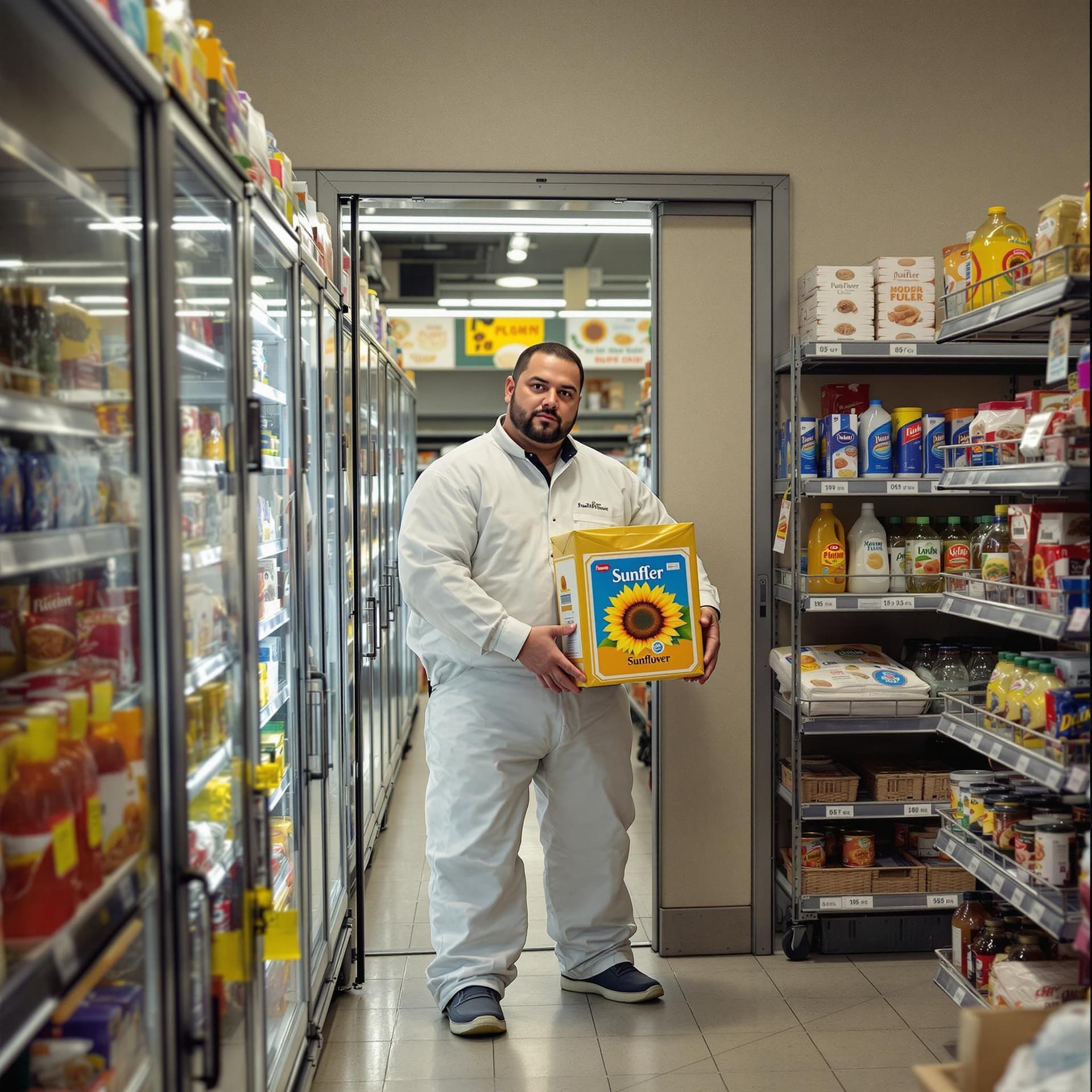 AI generated: in the photo from the far corner of a grocery store, a tall white loader comes out of the back room ...