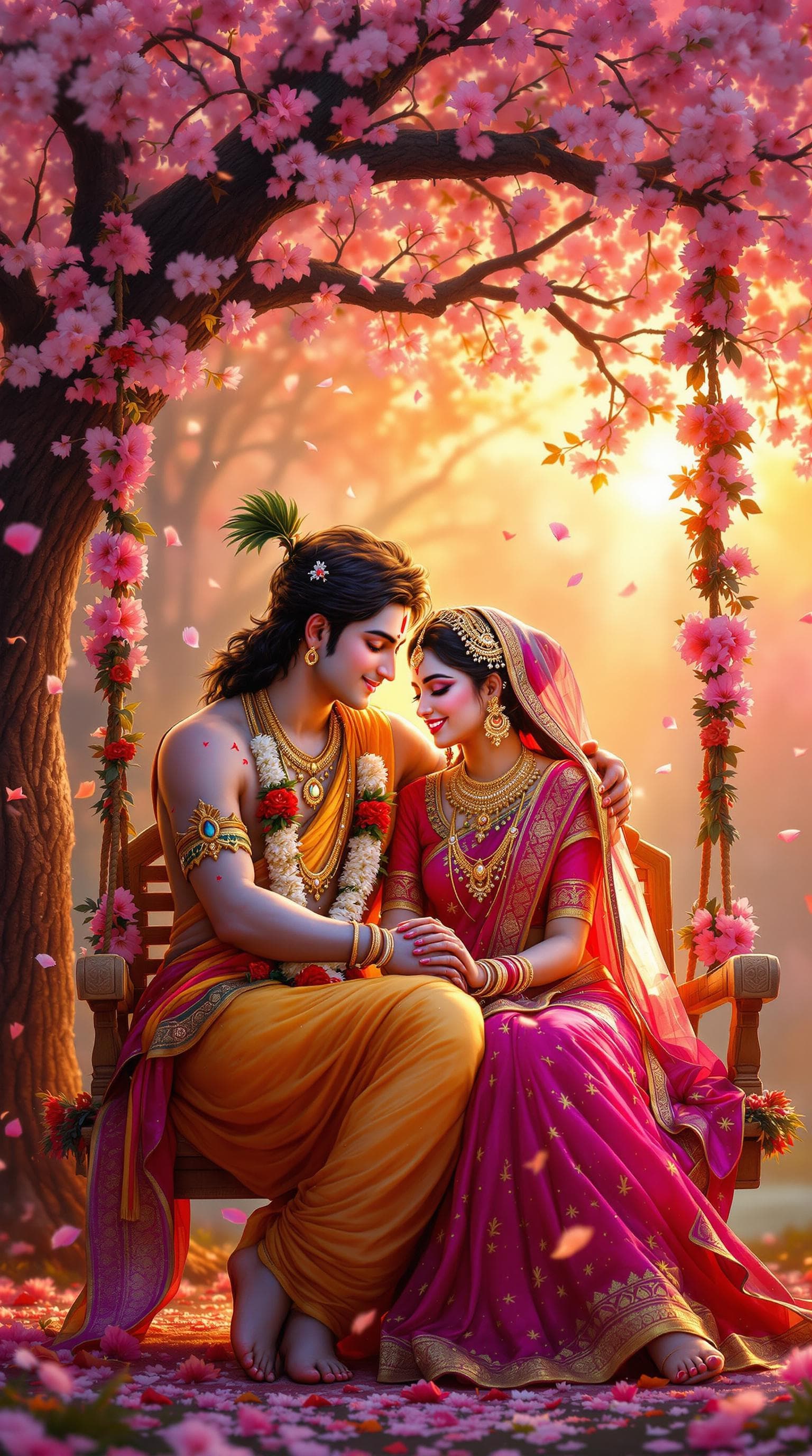 AI generated: An ultra-detailed, high-resolution image of Radha and Krishna seated closely on a decorated swing be...