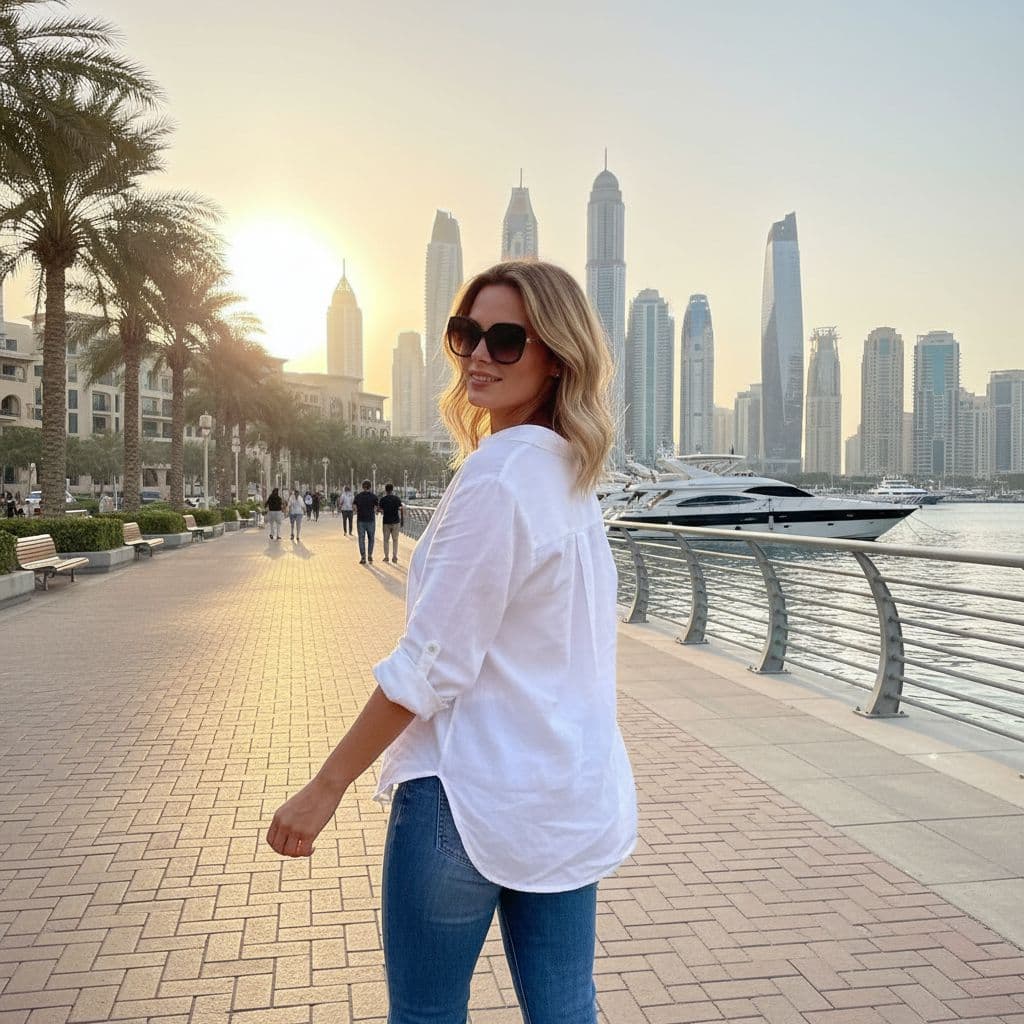 AI generated: Relaxed photo of a woman walking along Dubai Marina promenade, wearing casual jeans, white blouse, s...