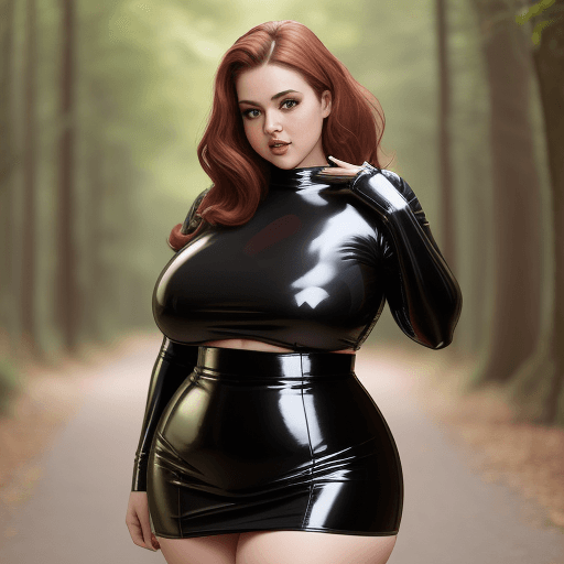 AI generated: Plus sizy curvy lady in latex mini skirt in woodlands