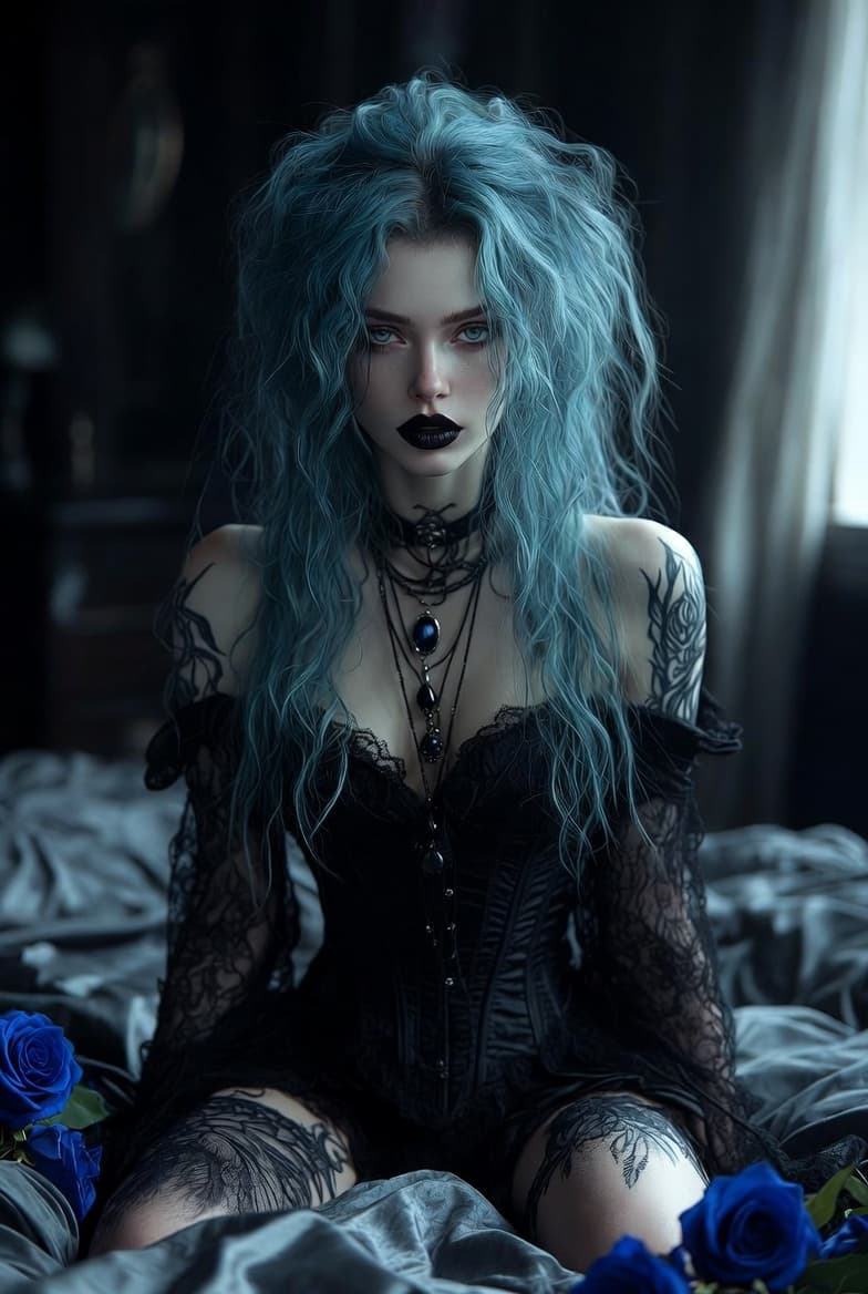 AI generated: A high-resolution cinematic portrait of a stunning gothic woman with long, messy wavy teal-blue hair...