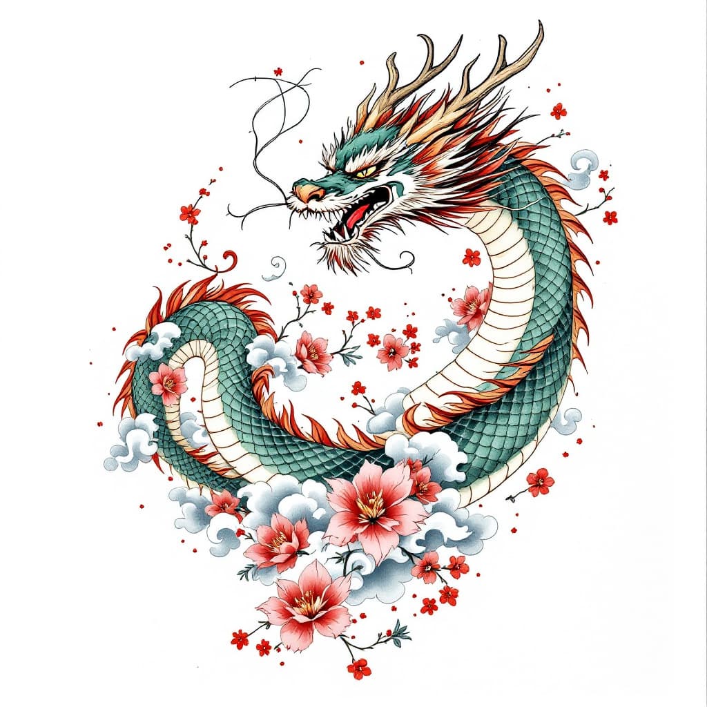 AI generated: Top-down angle, hand-drawn Japanese-style tattoo design of a dragon starting at the lower back, coil...