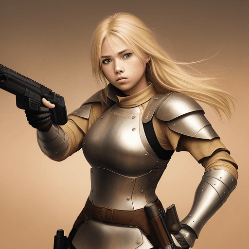 AI generated: Blonde haired female warrior holding a gun