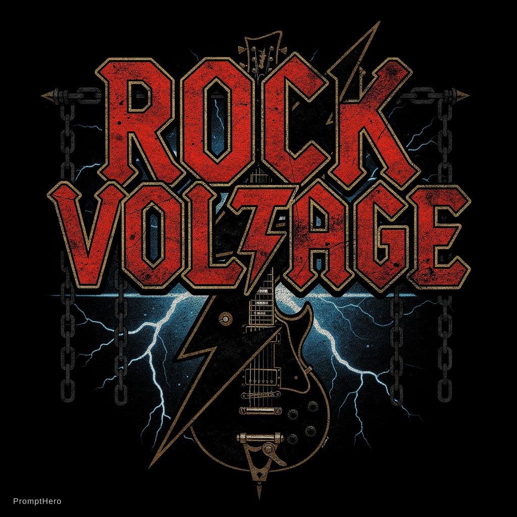 AI generated: Bold heavy-metal ACDC rock badge design with large angular hard-rock typography in bright red with m...
