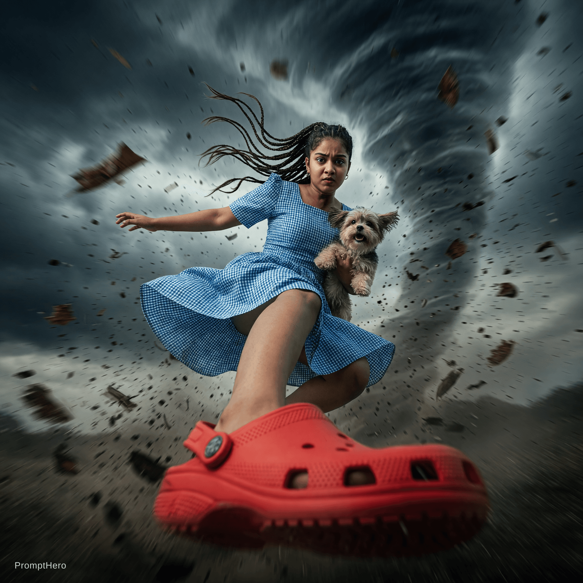AI generated: {
  "scene": {
    "setting": "inside a swirling tornado",
    "mood": "dramatic and surreal",
    "...
