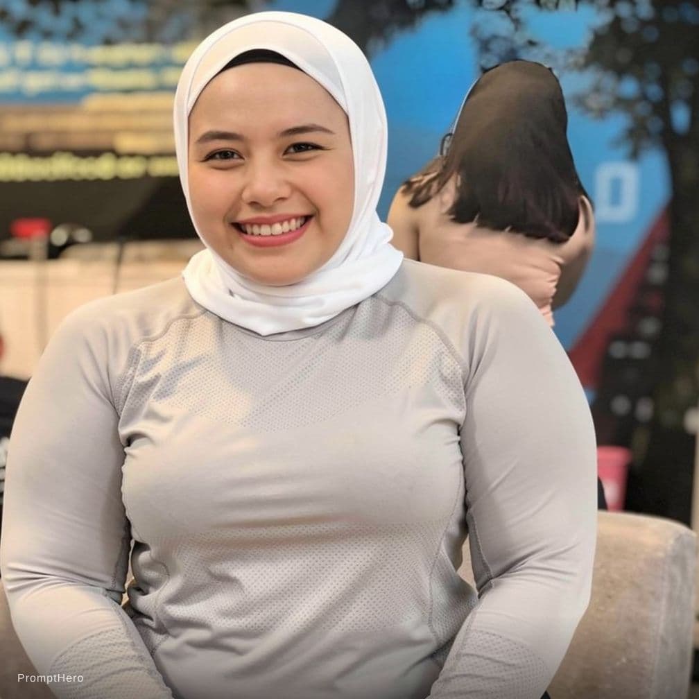 AI generated: change her clothes to sport bra and white sport hijab