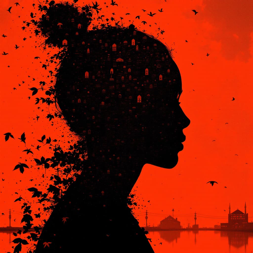 AI generated: photography, portrait of contrast, profile silhouette of a towns, vibrant hot orange backdrop, visua...