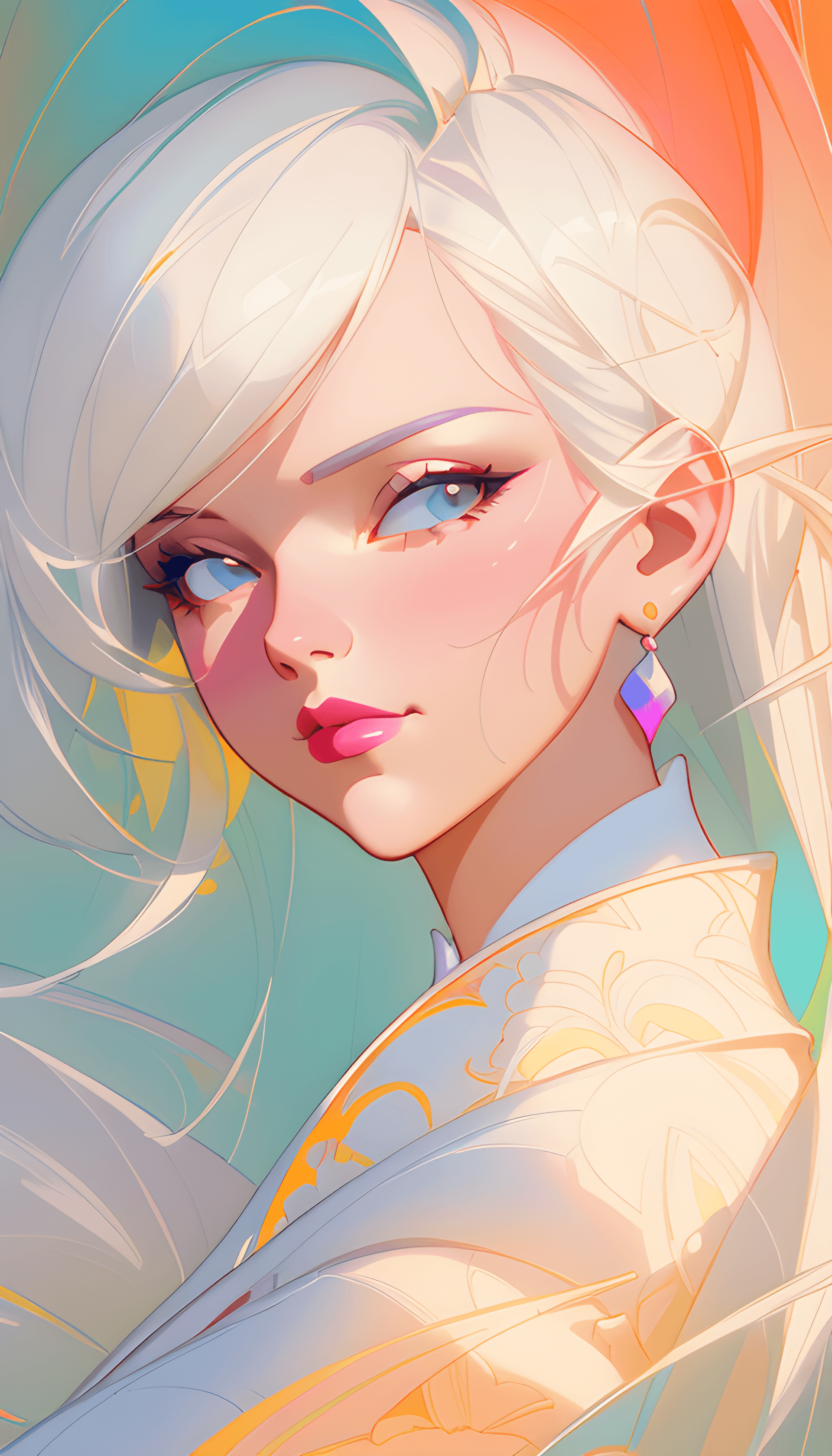 AI generated: a painting of a woman with a white hair and a bright dress, exquisite digital illustration, gorgeous...